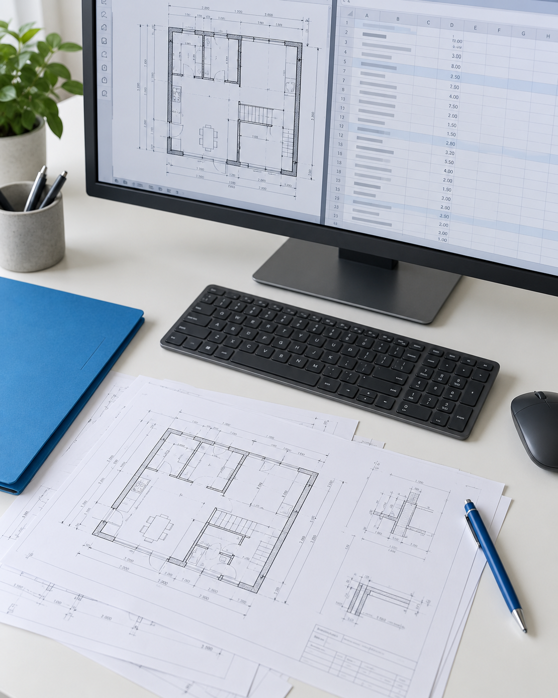 Arbeitsplatz mit Computer, technischen Zeichnungen, Tabellen und Unterlagen